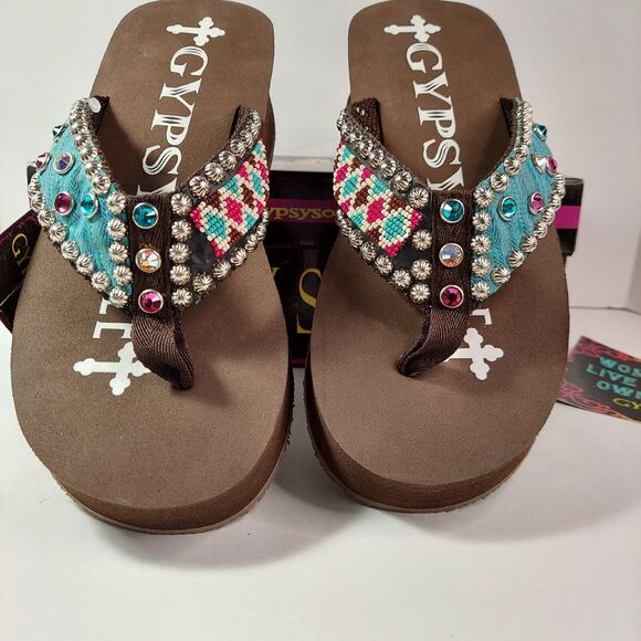 New Gypsy Soule Flip Flop Sandals Swarovski Crystals Sz 10 Brown Blue Aztec Box - Picture 7 of 16